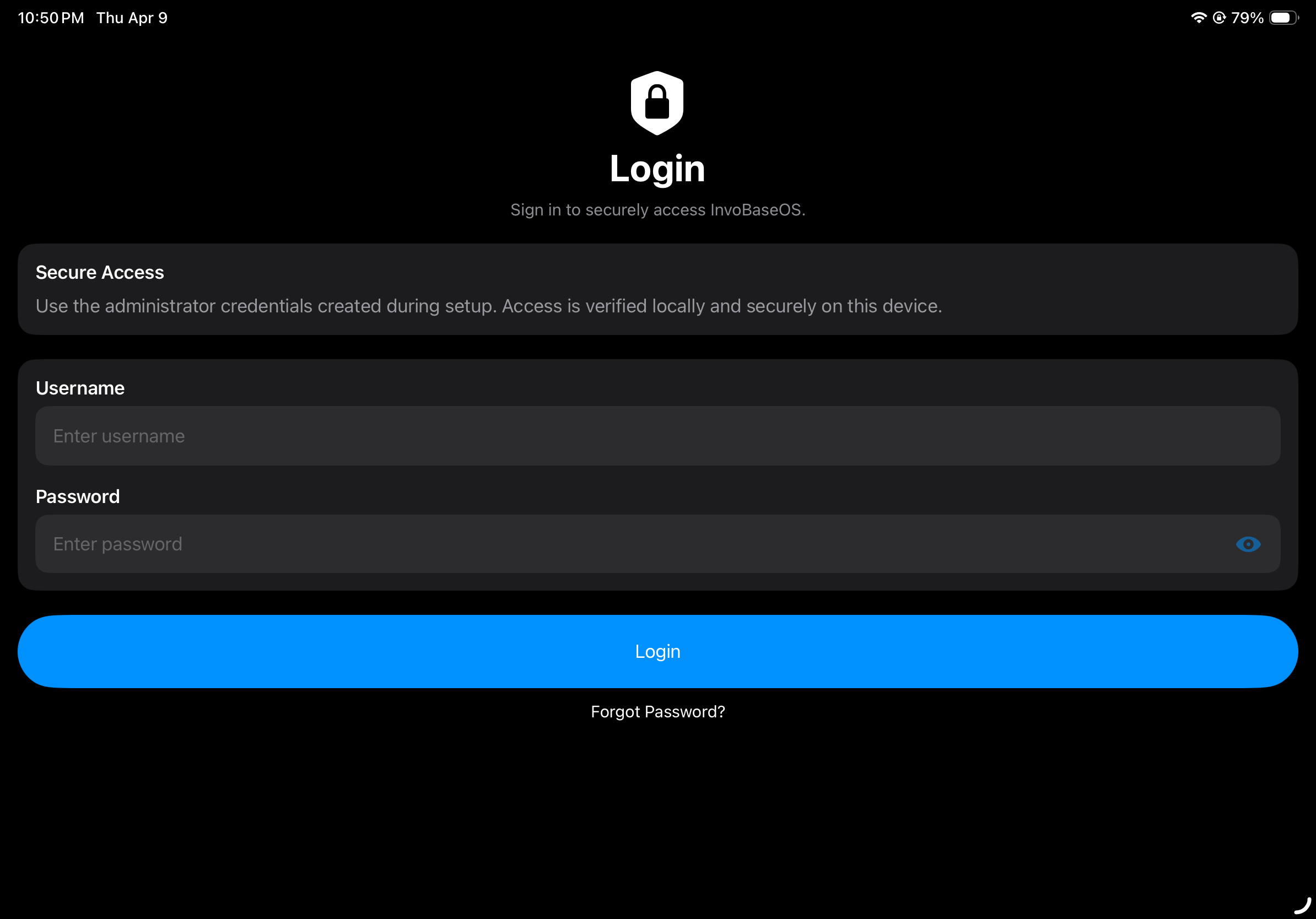 Invobase Log In Screen