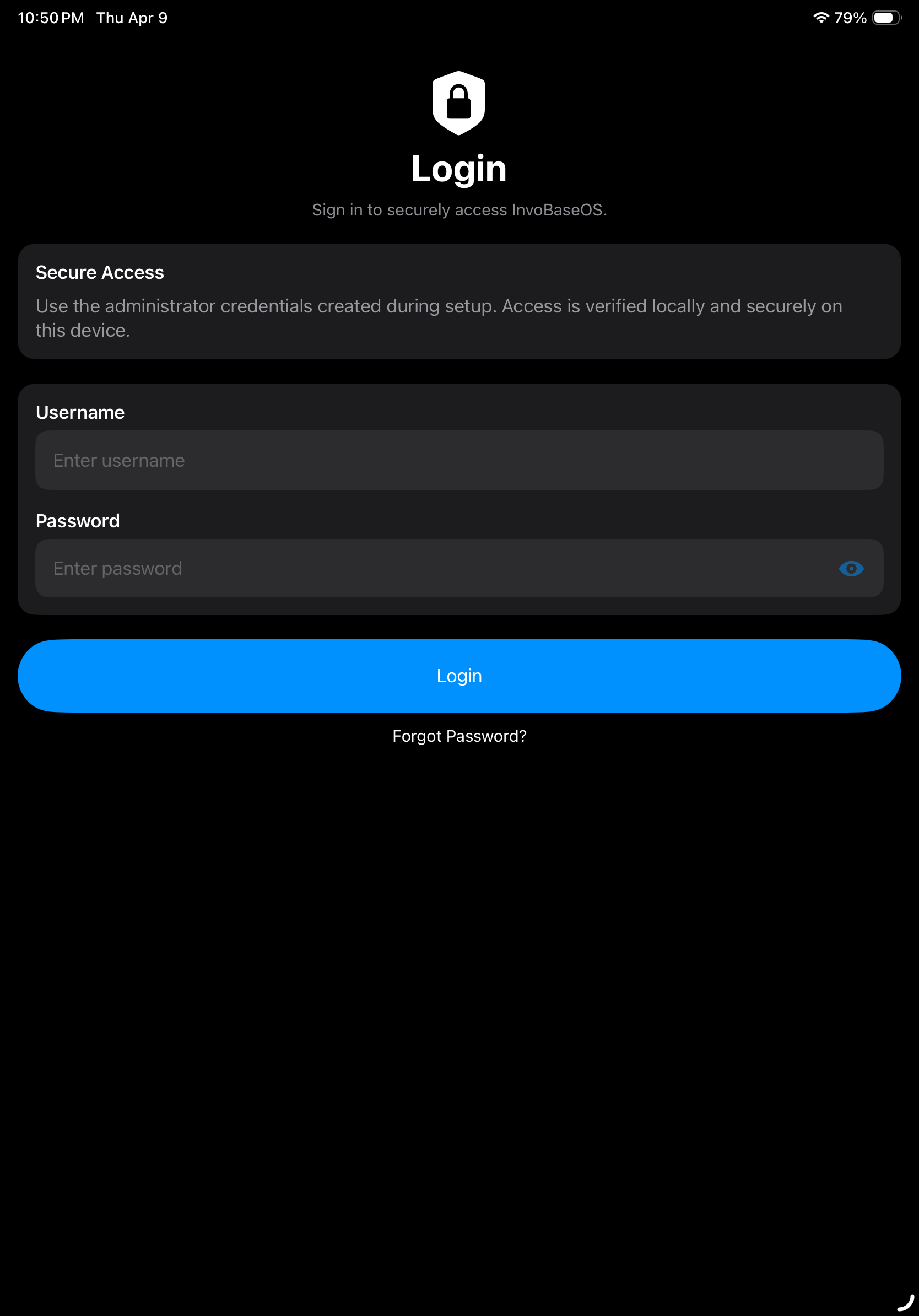 InvoBaseOS login screen on iPad