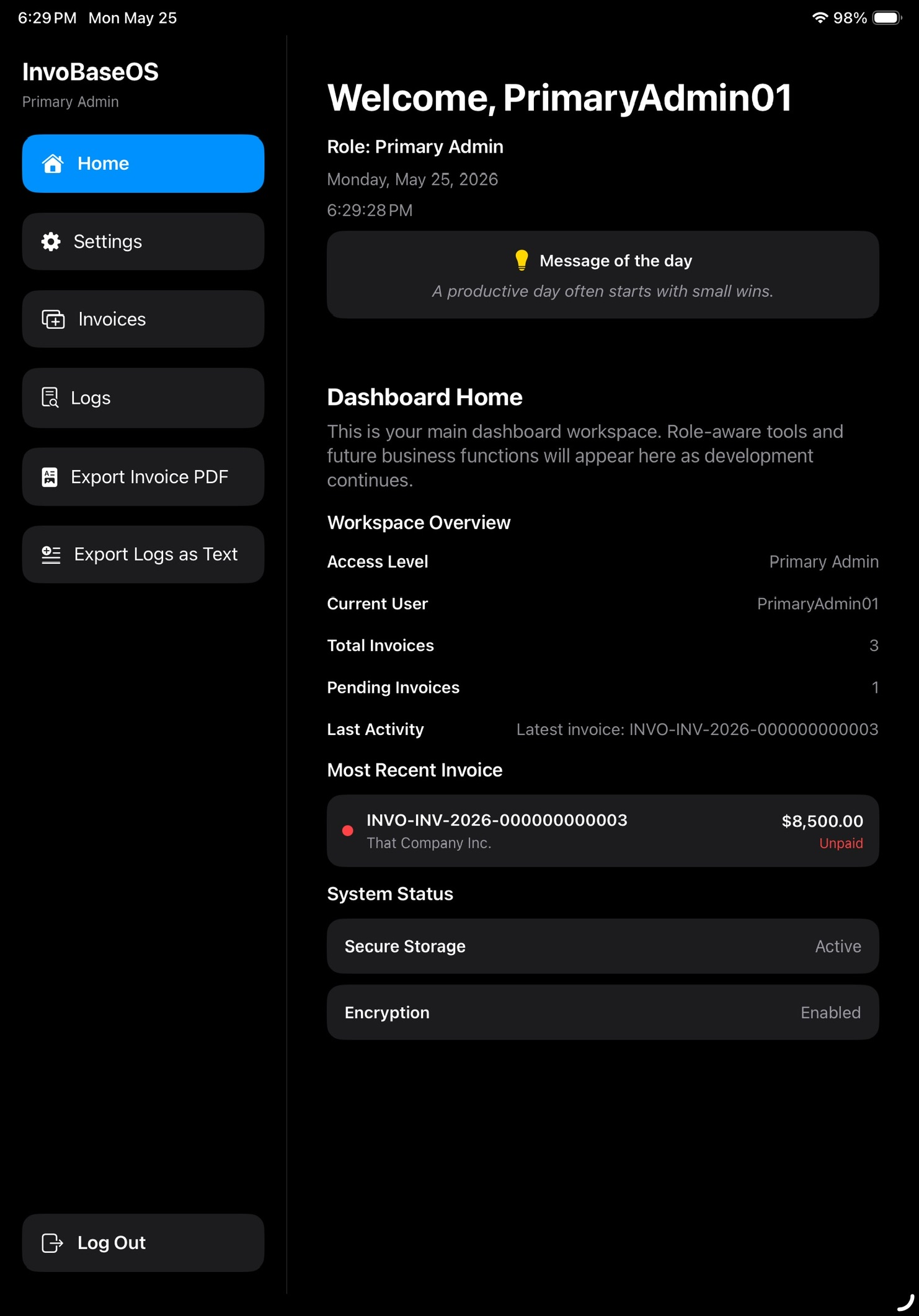 InvobaseOS User Dashboard