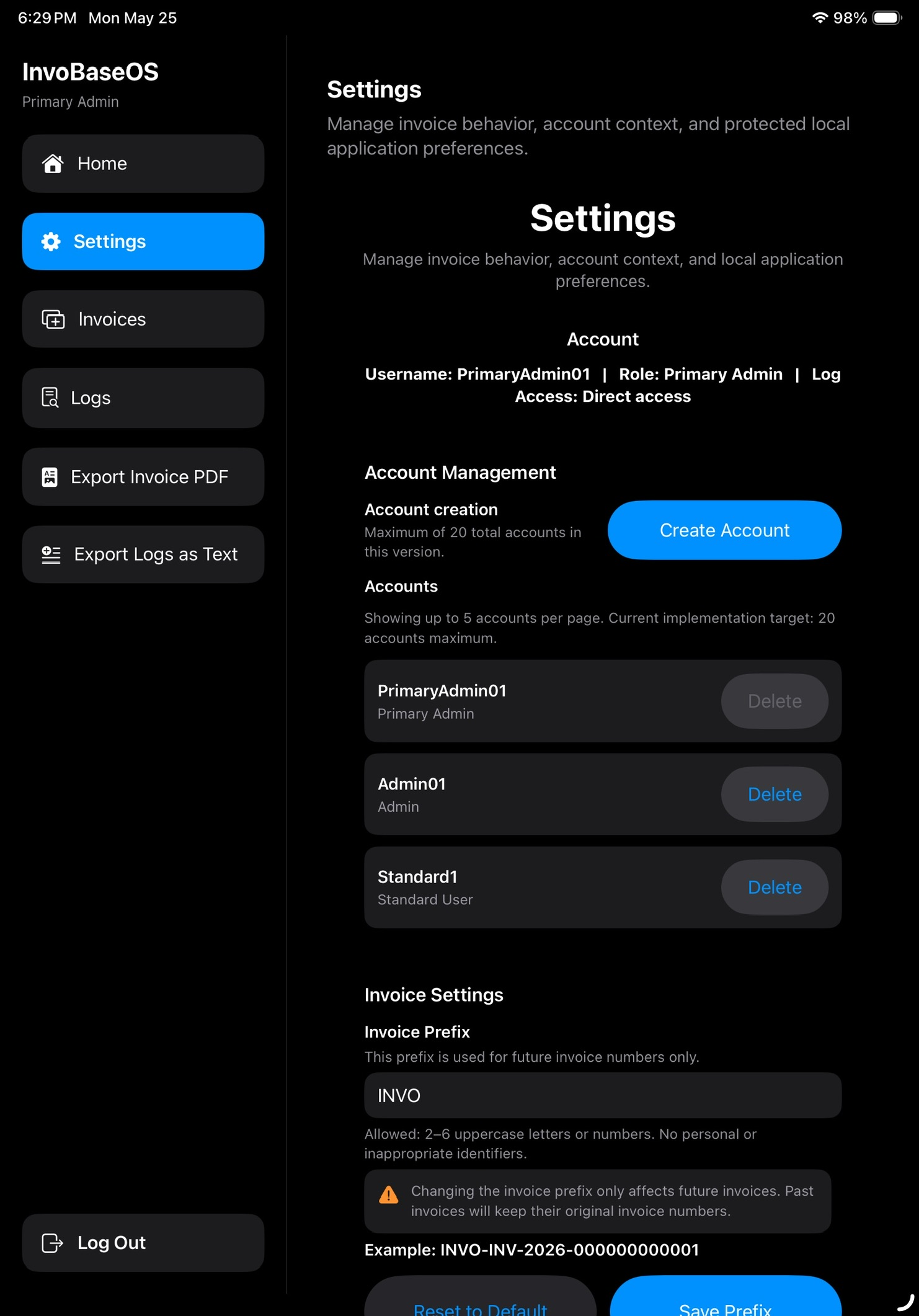 InvoBaseOS Settings Screenshot