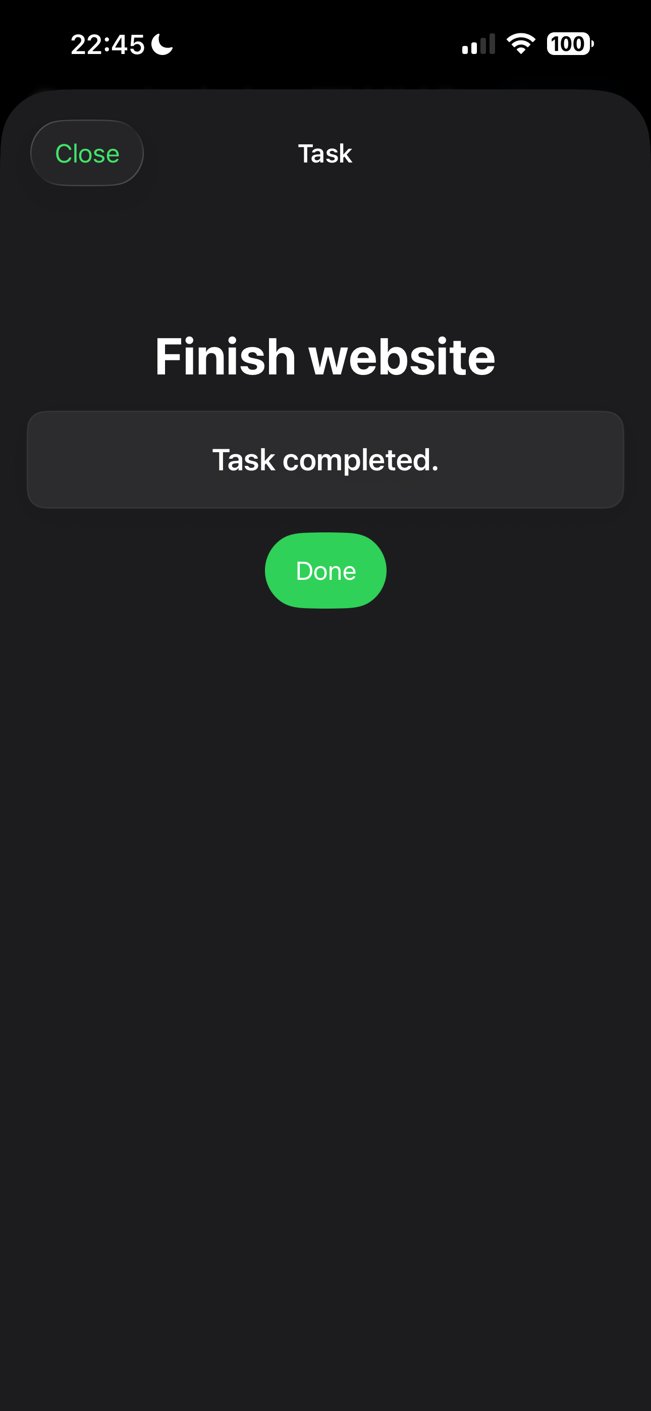 Bro task completion screen confirming that Finish website is complete