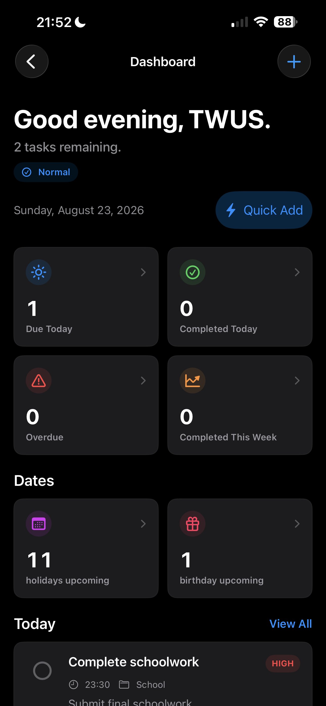 Bro dashboard showing task summaries and important dates