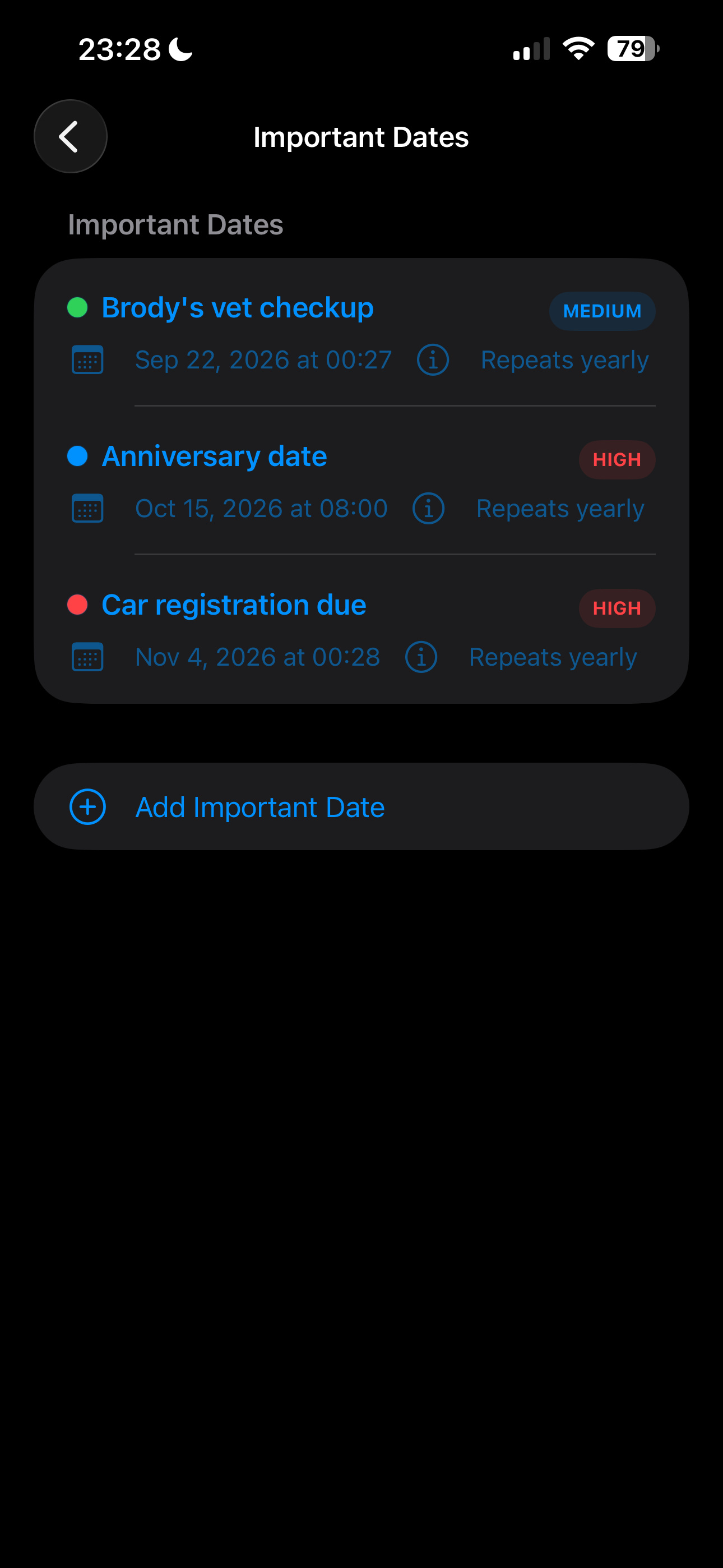 Bro Important Dates screen with upcoming personal reminders