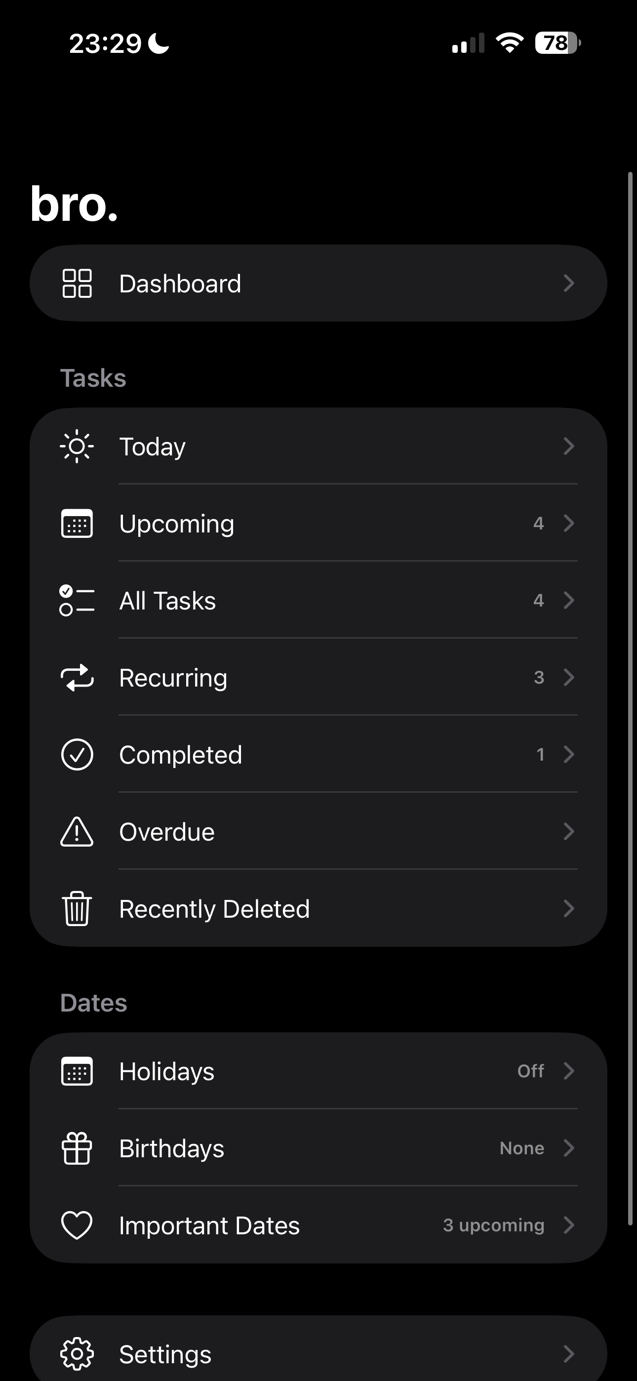 Bro navigation showing task, date, and settings views