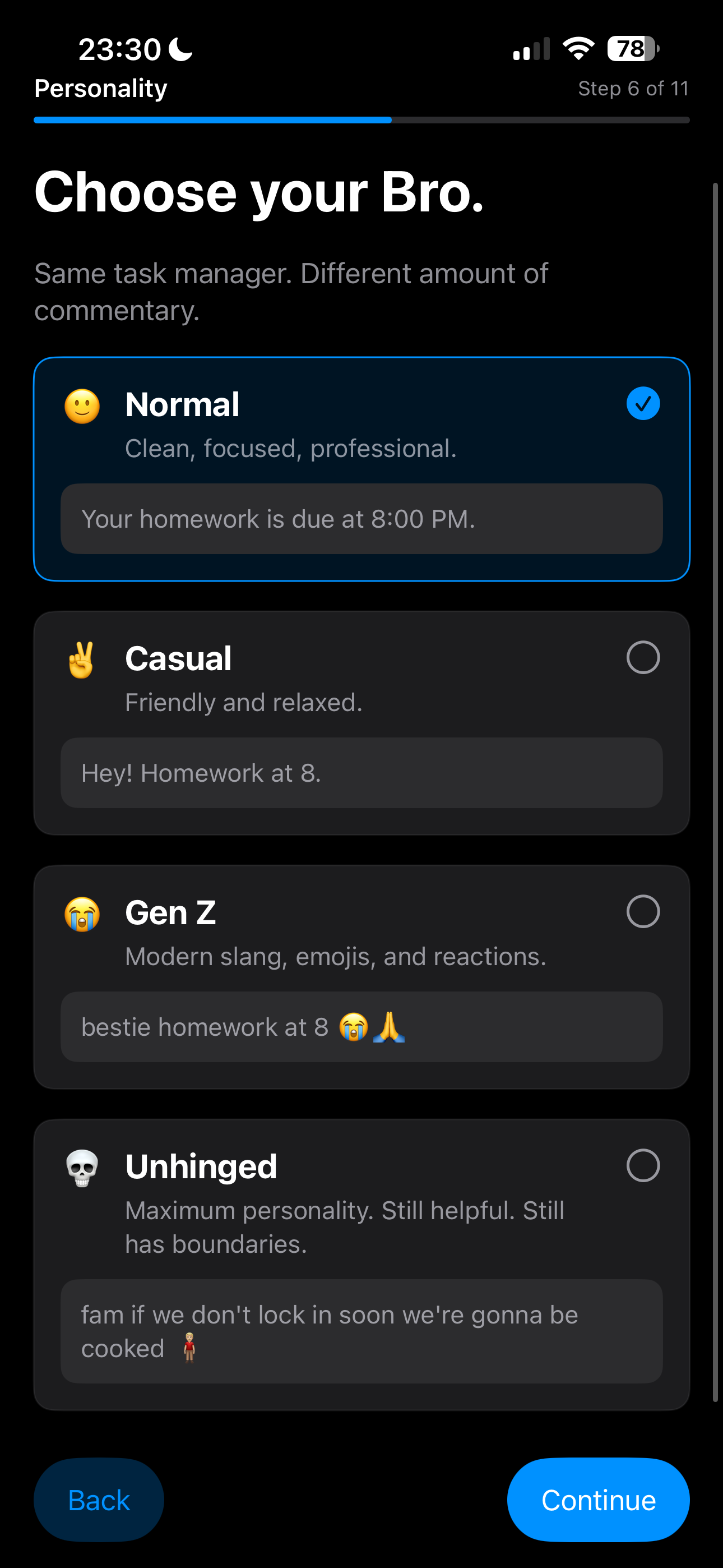 Bro personality screen with Normal, Casual, Gen Z, and Unhinged choices