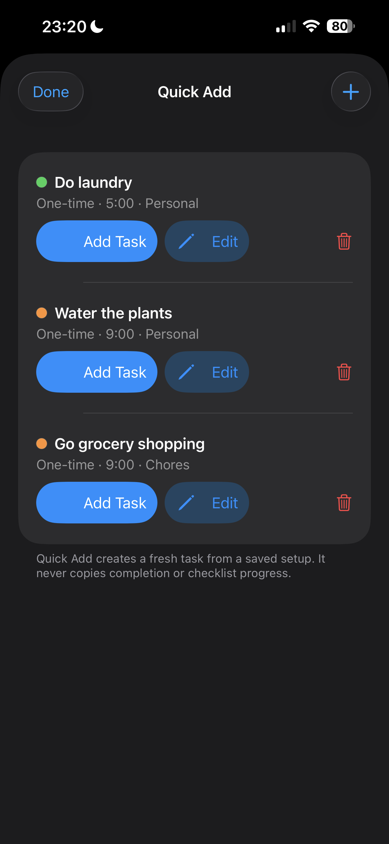 Bro Quick Add screen with reusable task setups