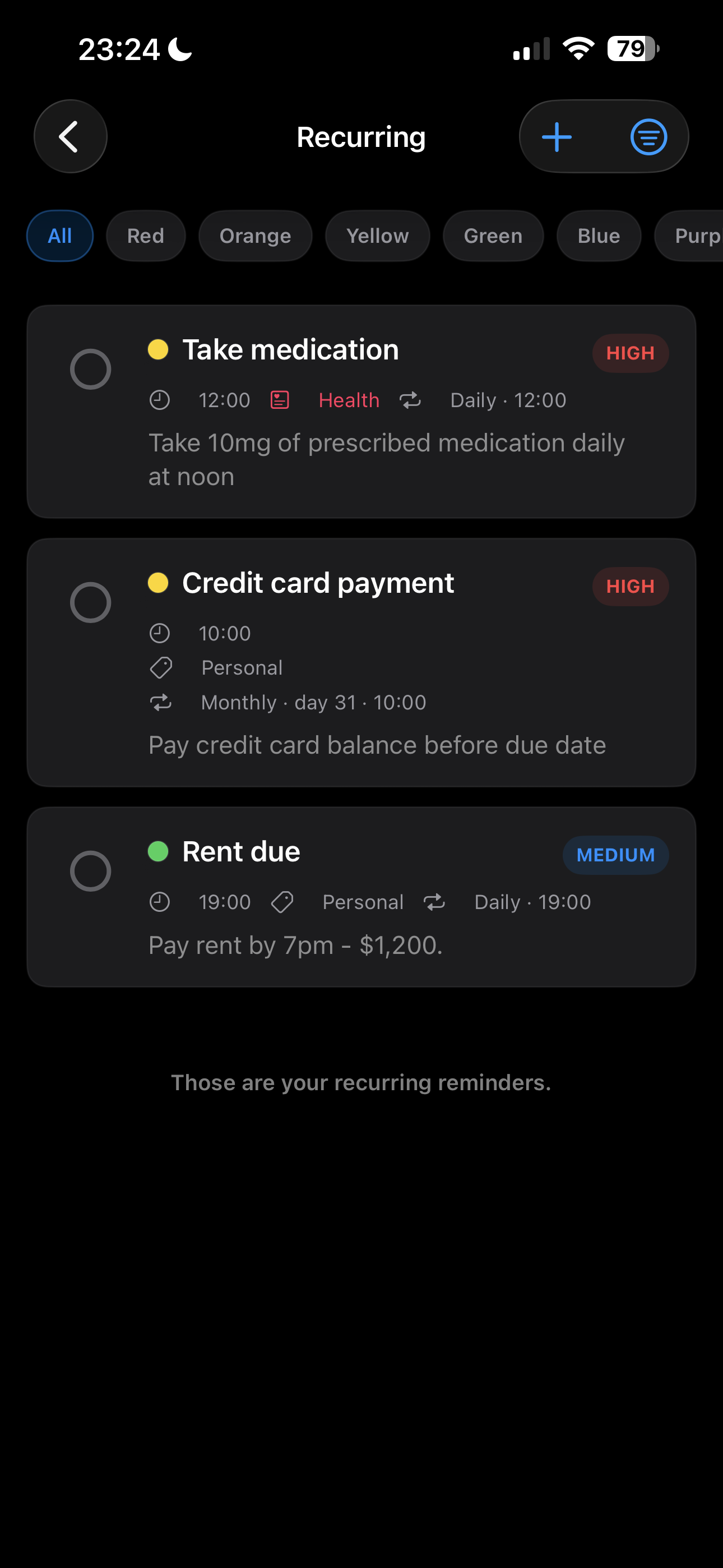Bro recurring tasks screen with daily and monthly responsibilities
