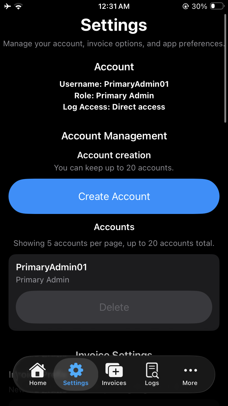 InvoBaseOS Settings iPhone