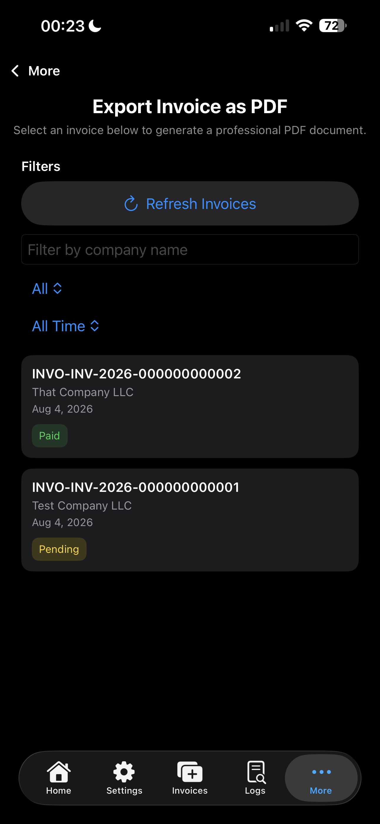 InvoBaseOS Invoices iPhone